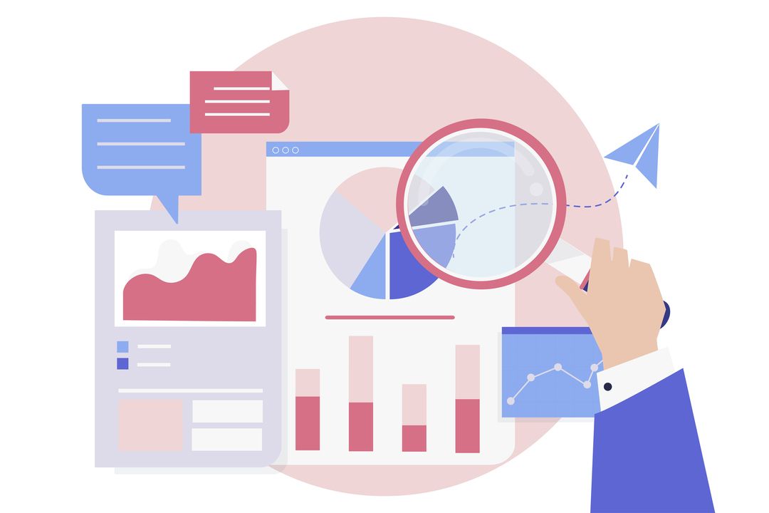 Ilustração com diversos gráficos e relatórios para representar o digital ad spend.