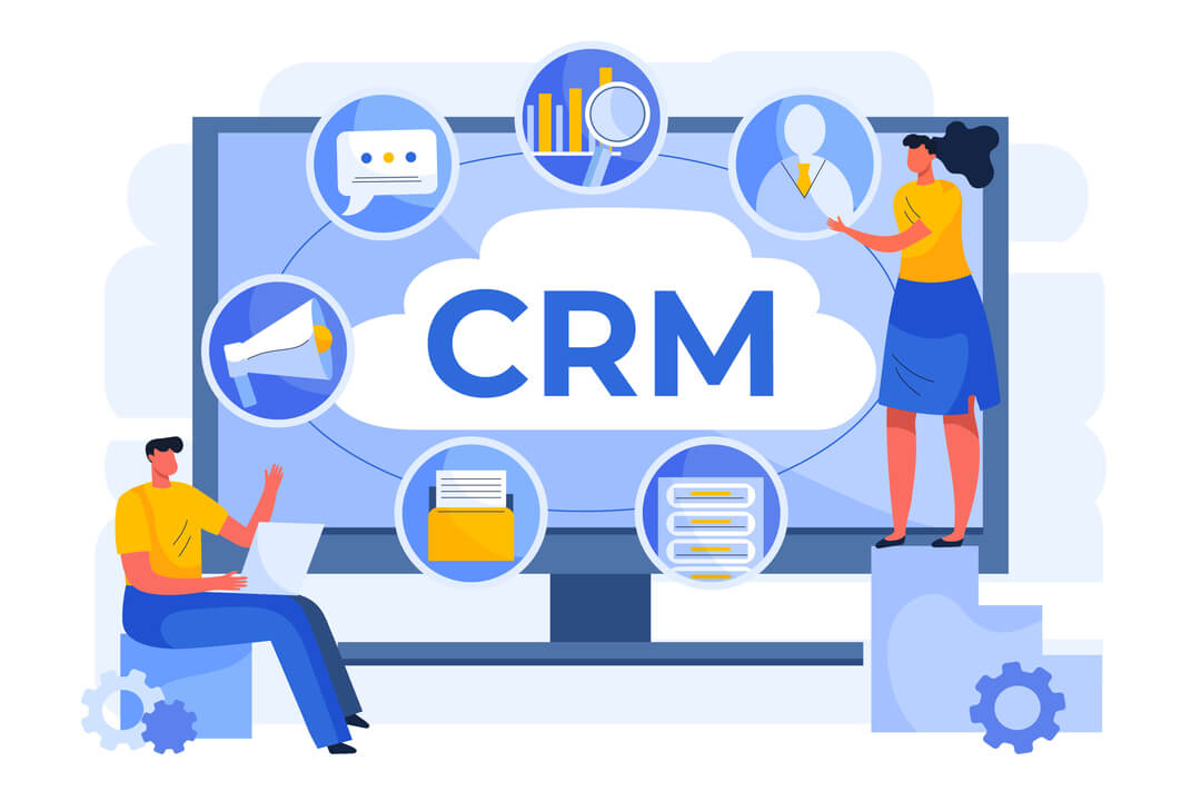 Ilustração de uma página web com vetores que indicam a sigla 'CRM", representando a implantação salesforce.